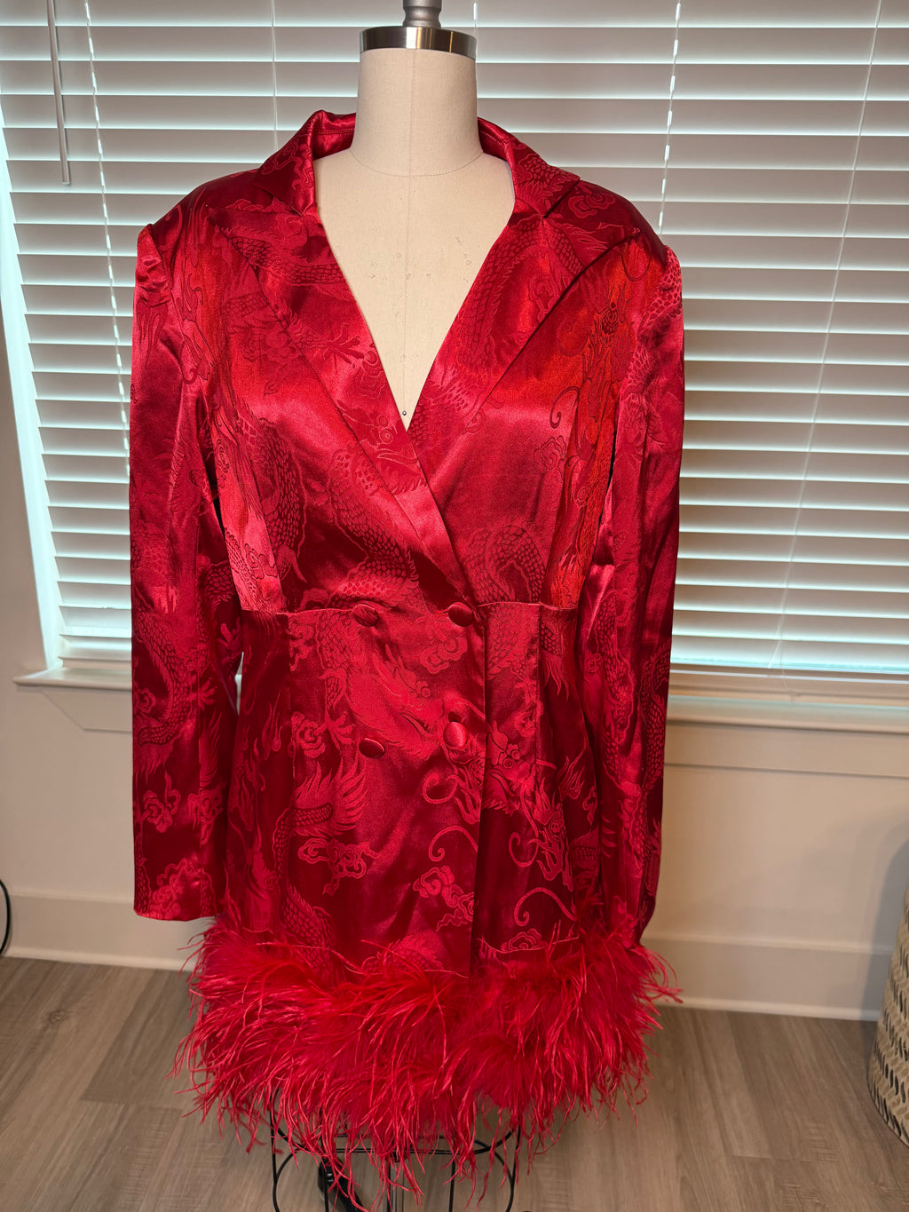 Red Satin Blazer Dress w/Feathers
