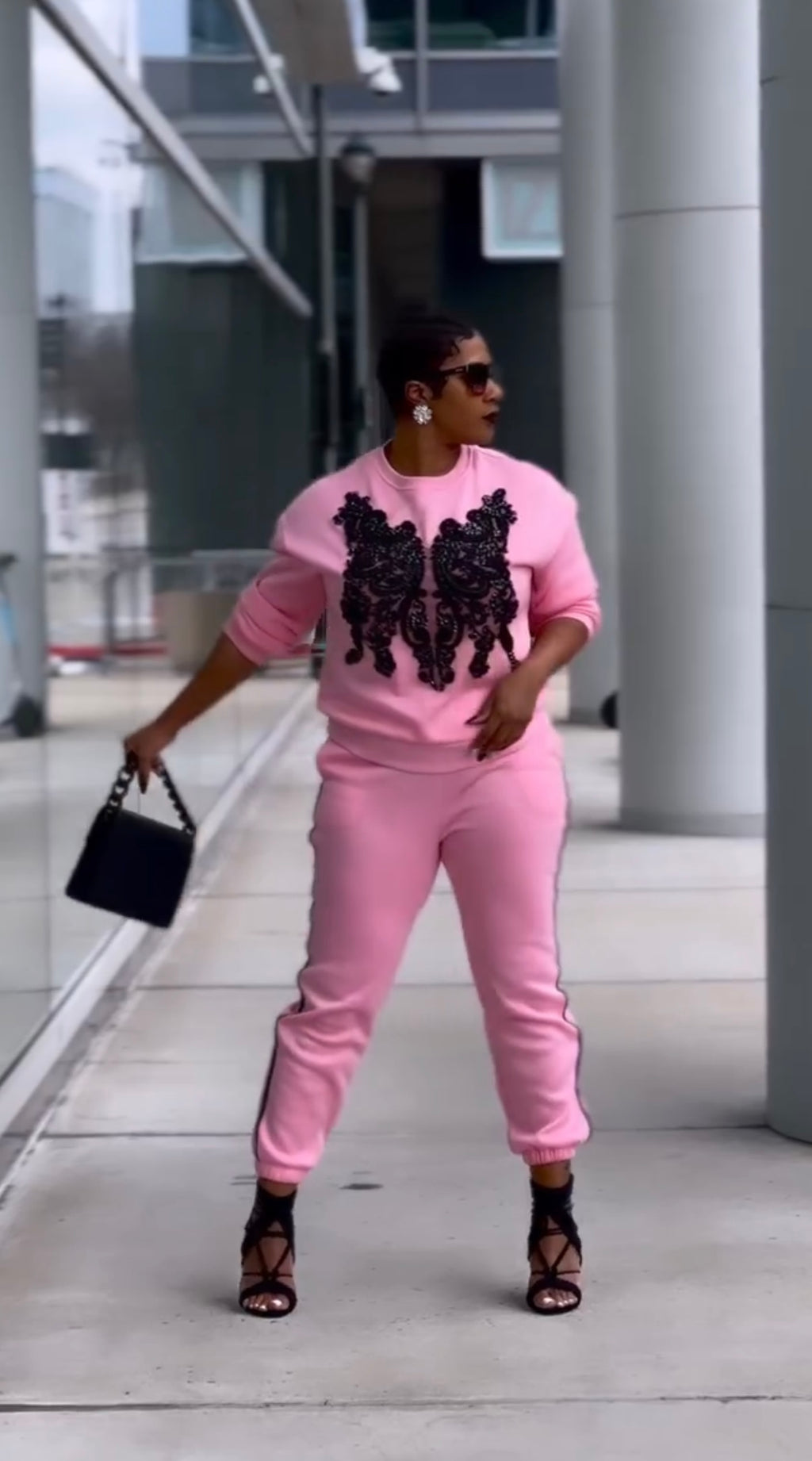 Pink Sweatsuit w/Black Sequin Appliqué
