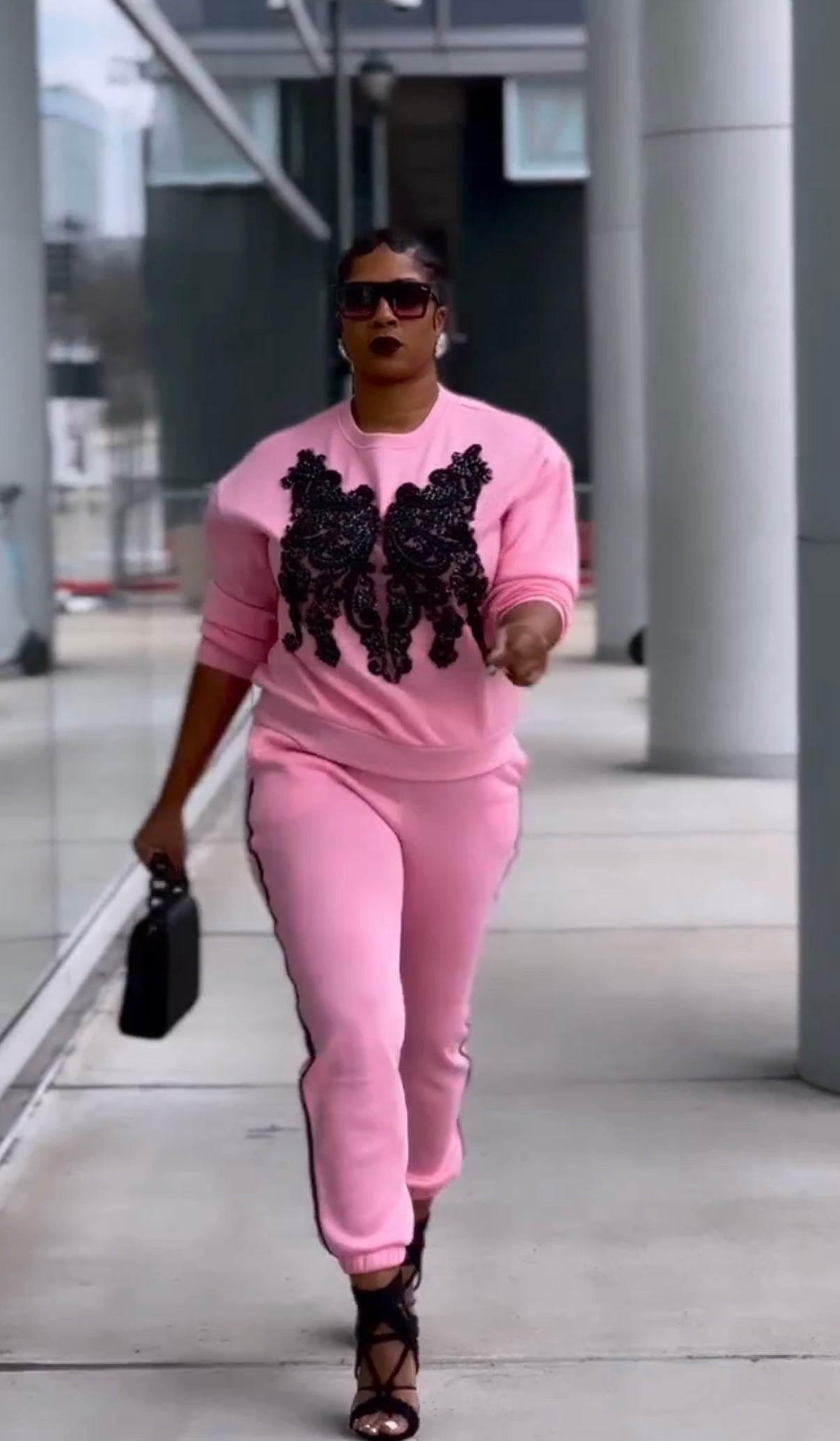 Pink Sweatsuit w/Black Sequin Appliqué