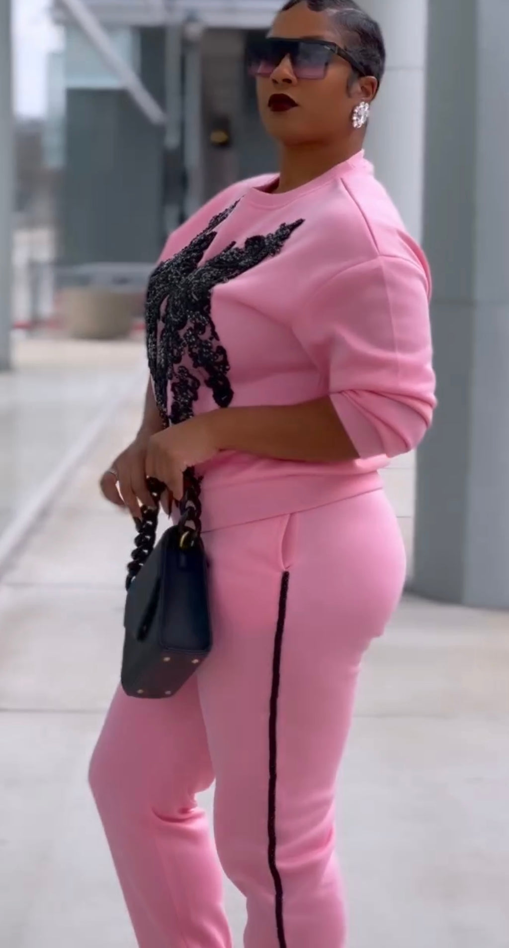Pink Sweatsuit w/Black Sequin Appliqué