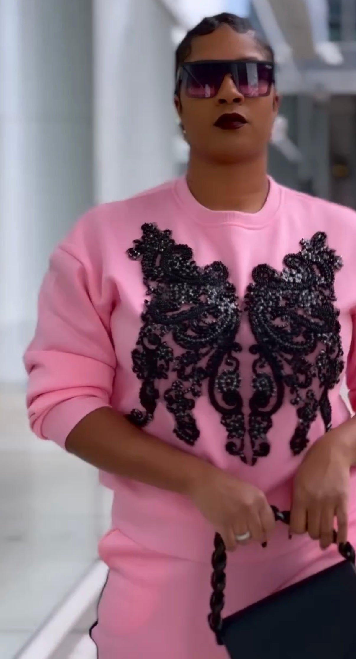 Pink Sweatsuit w/Black Sequin Appliqué