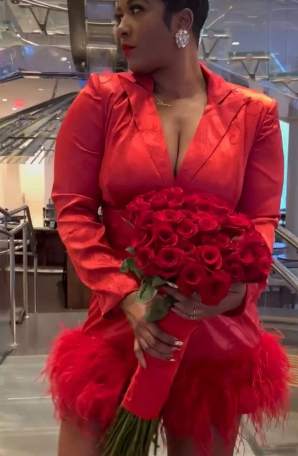 Red Satin Blazer Dress w/Feathers